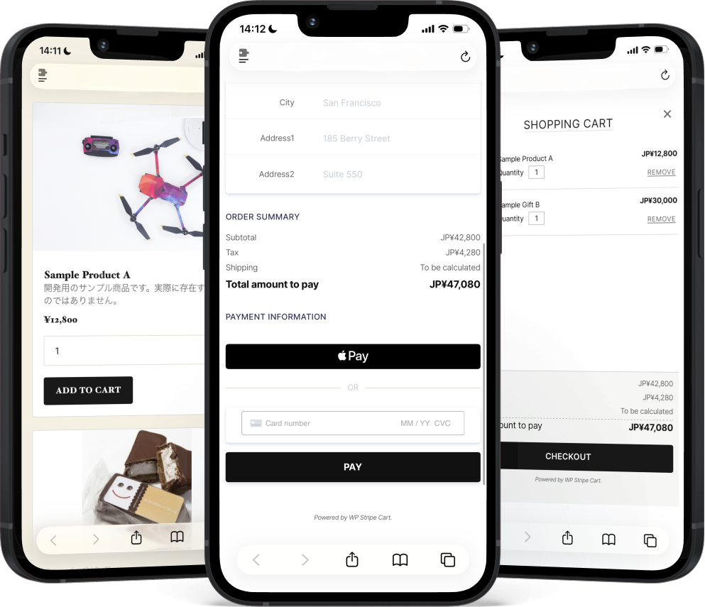 Product page, cart and checkout screens